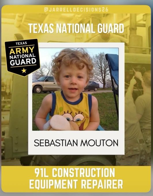 Texas Army National Guard announcement card for Sebastian Mouton, 91L Construction Equipment Repairer